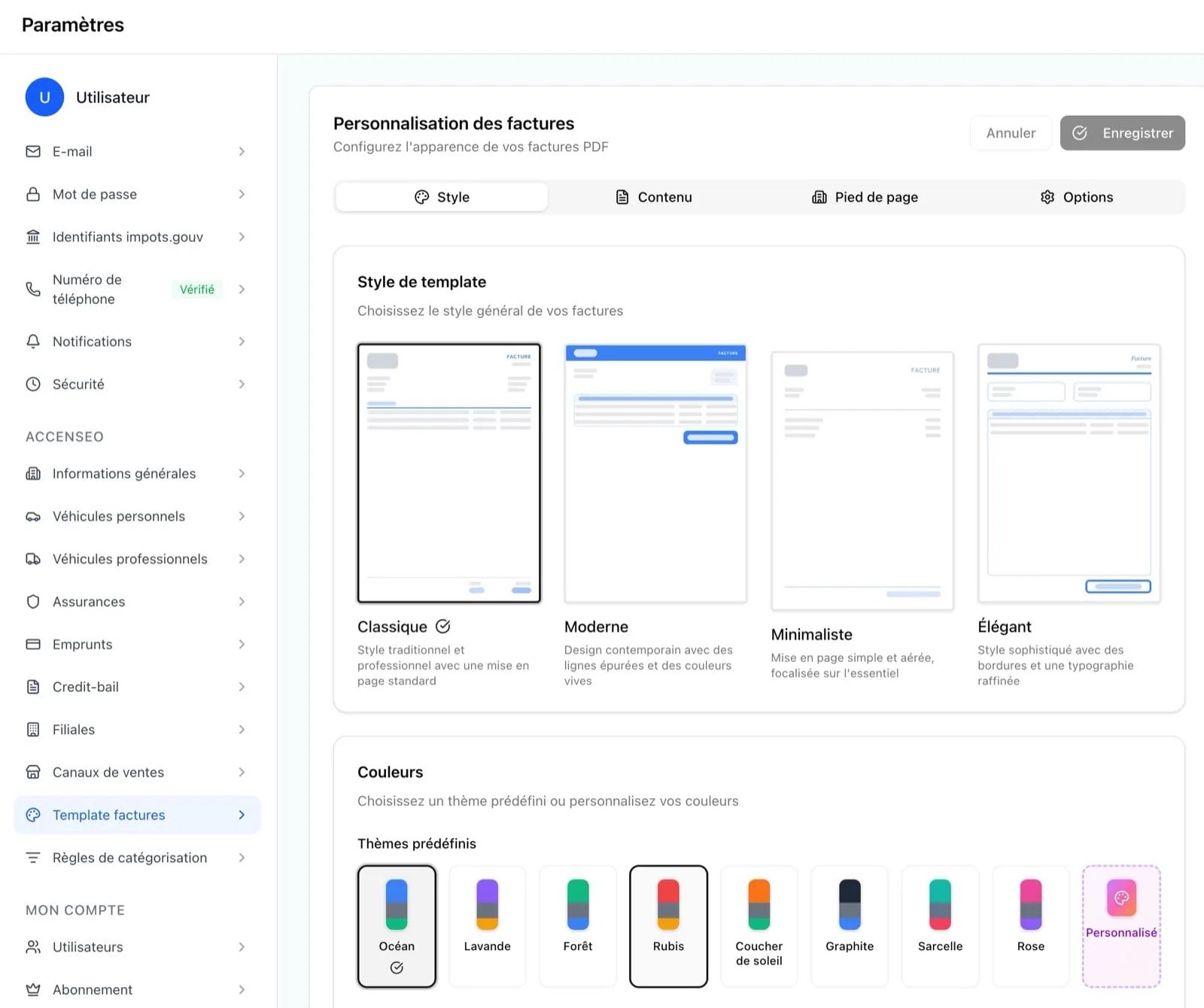 Panneau de personnalisation des modèles de factures PDF avec 4 styles et selecteur de couleurs