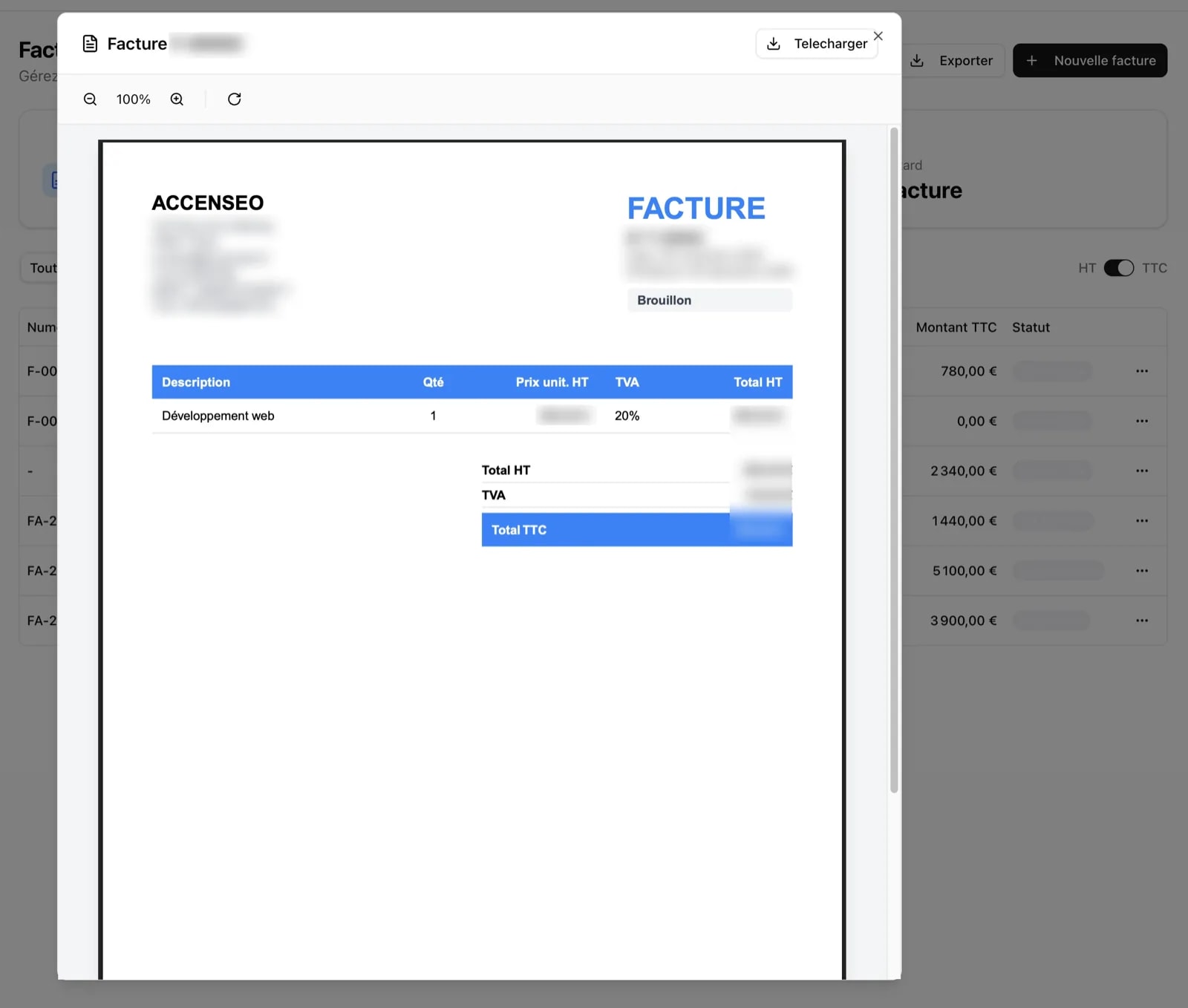 Apercu PDF de facturé avec modèle Accenseo montrant les lignes, TVA et totaux