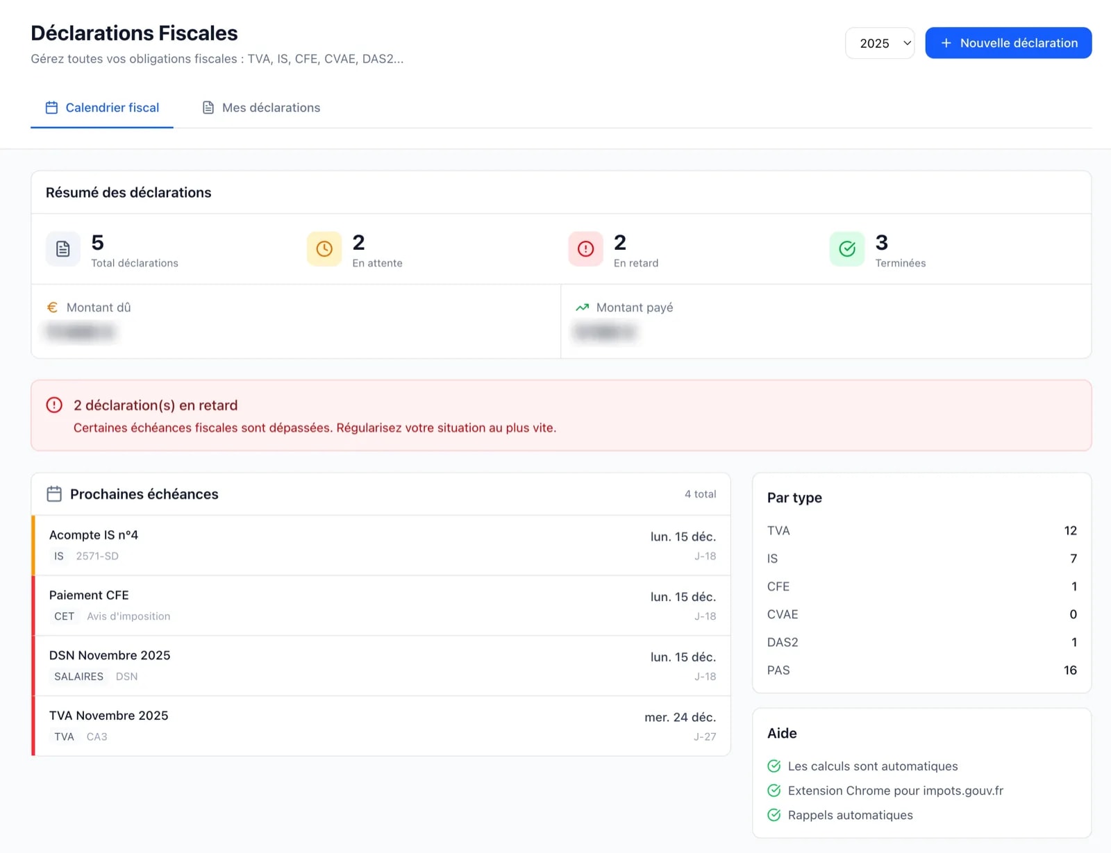 Tableau de bord du calendrier fiscal avec echeances a venir, alertes de retard et resume par type de declaration