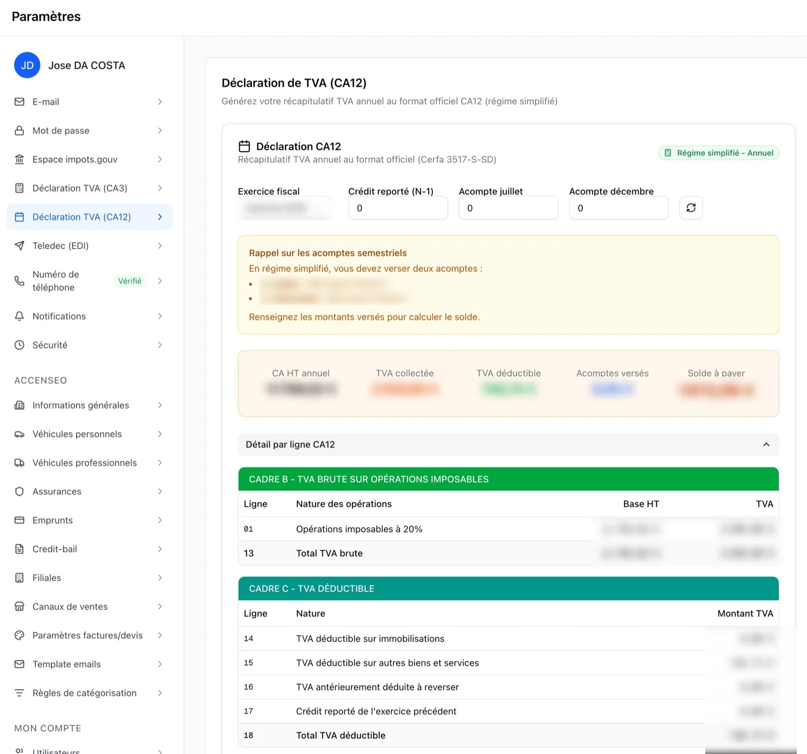 Formulaire de declaration TVA CA12 annuelle avec ventilation TVA, lignes deductibles et parametrès regime simplifie