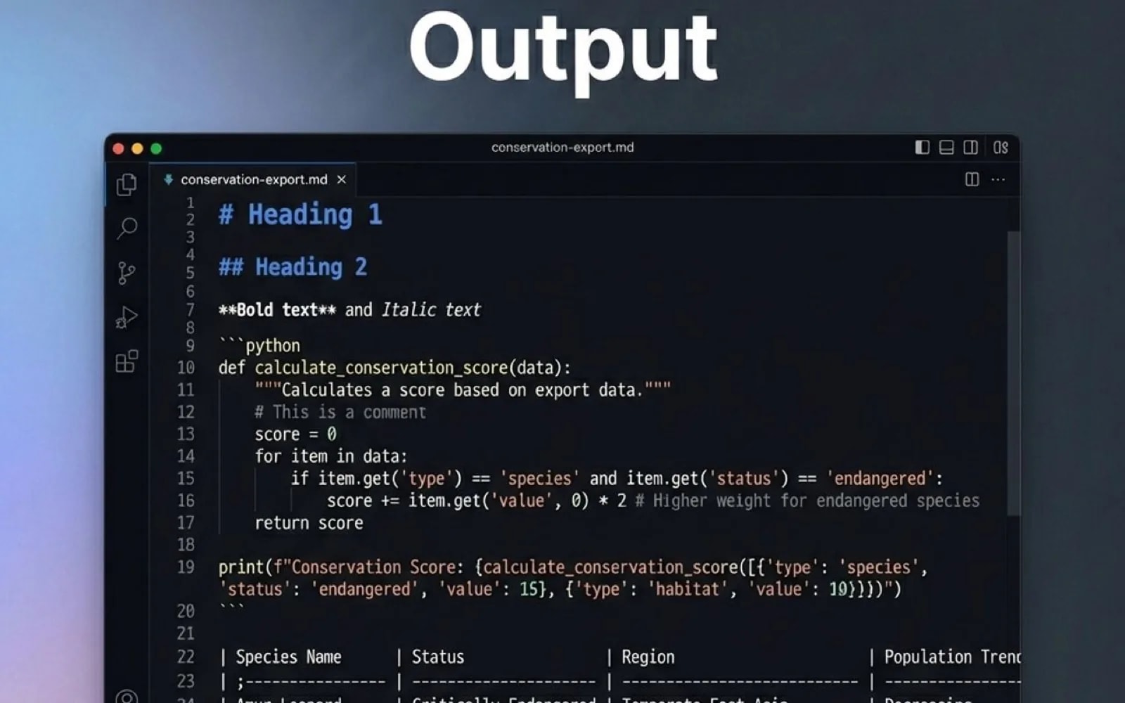 Apercu de la sortie Markdown