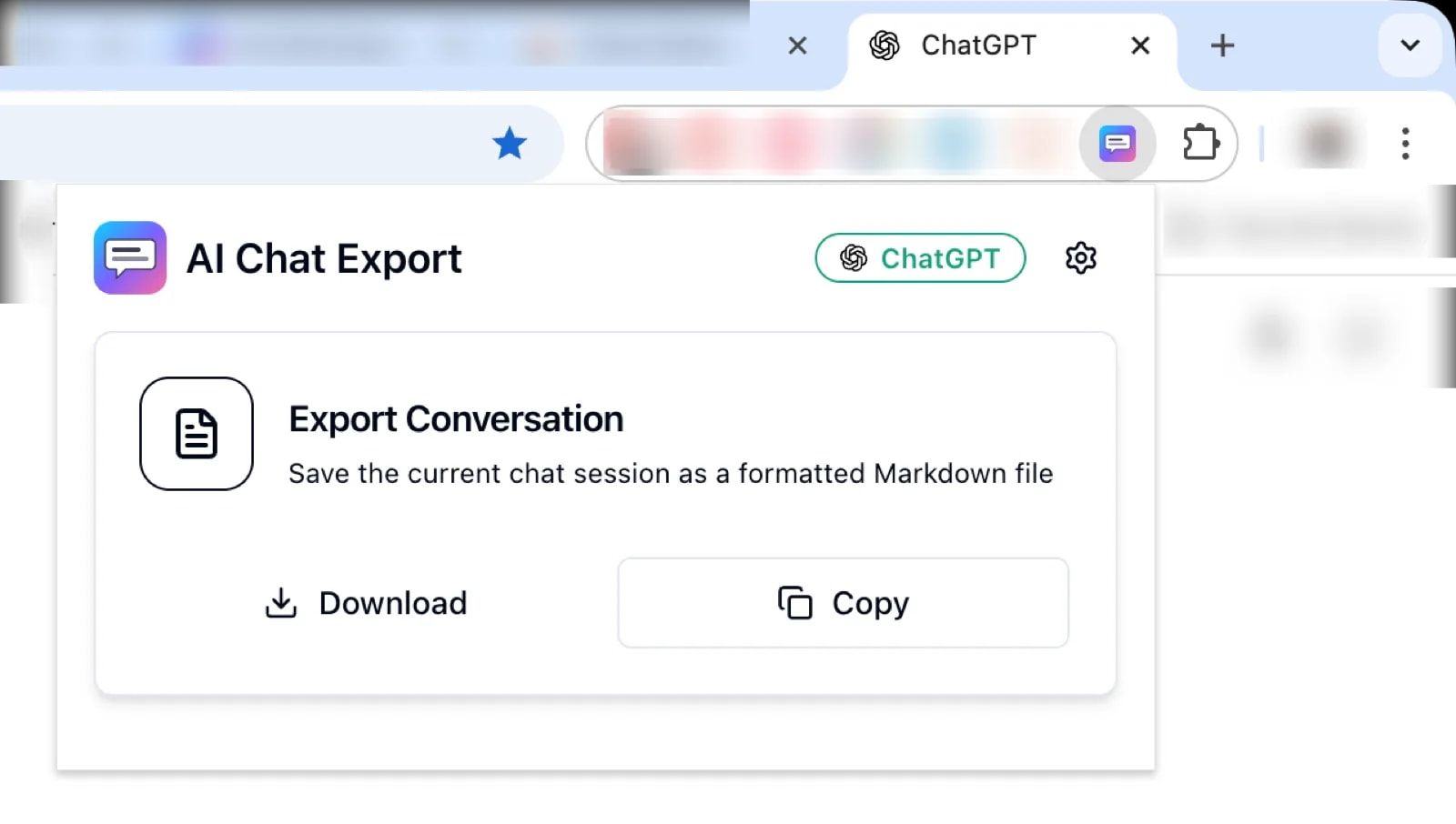 Popup de l'extension montrant l'export de conversation