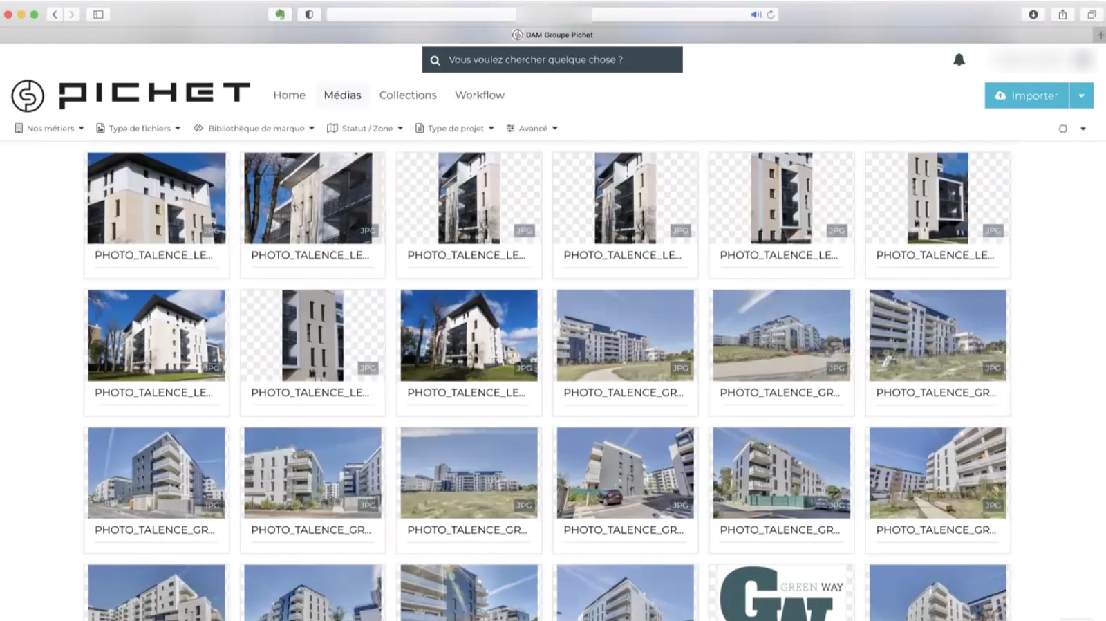 Interface de la médiathèque Bynder DAM montrant les photos immobilières du Groupe Pichet avec filtrès et vue grille