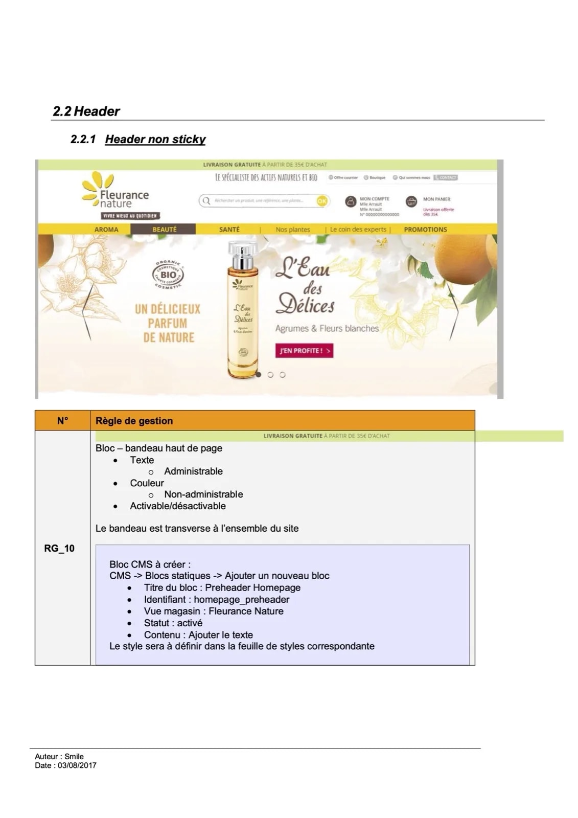 En-tete du document de spécifications fonctionnelles pour la refonte Fleurance Nature