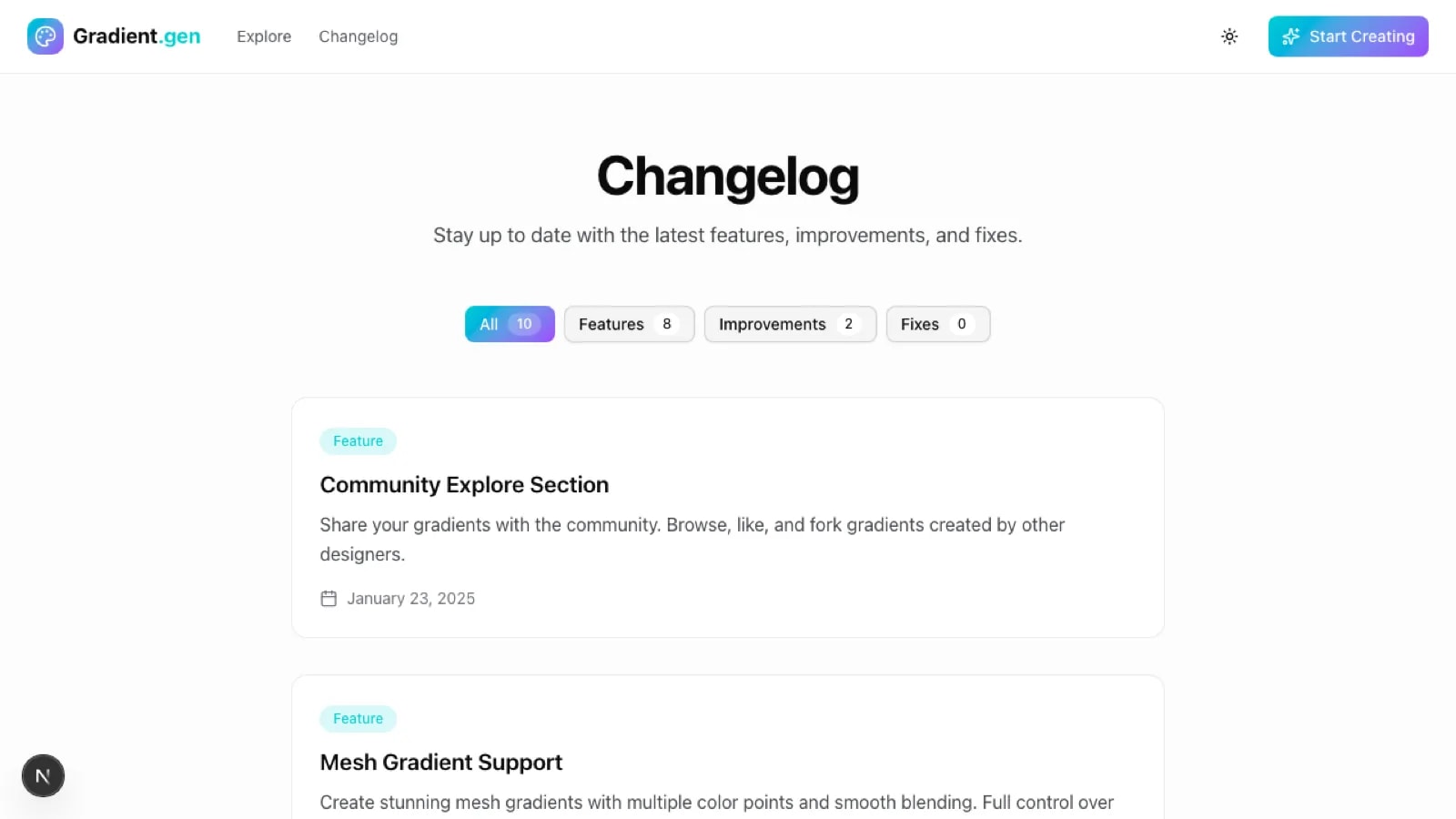 Page du journal des modifications listant les mises à jour recentes