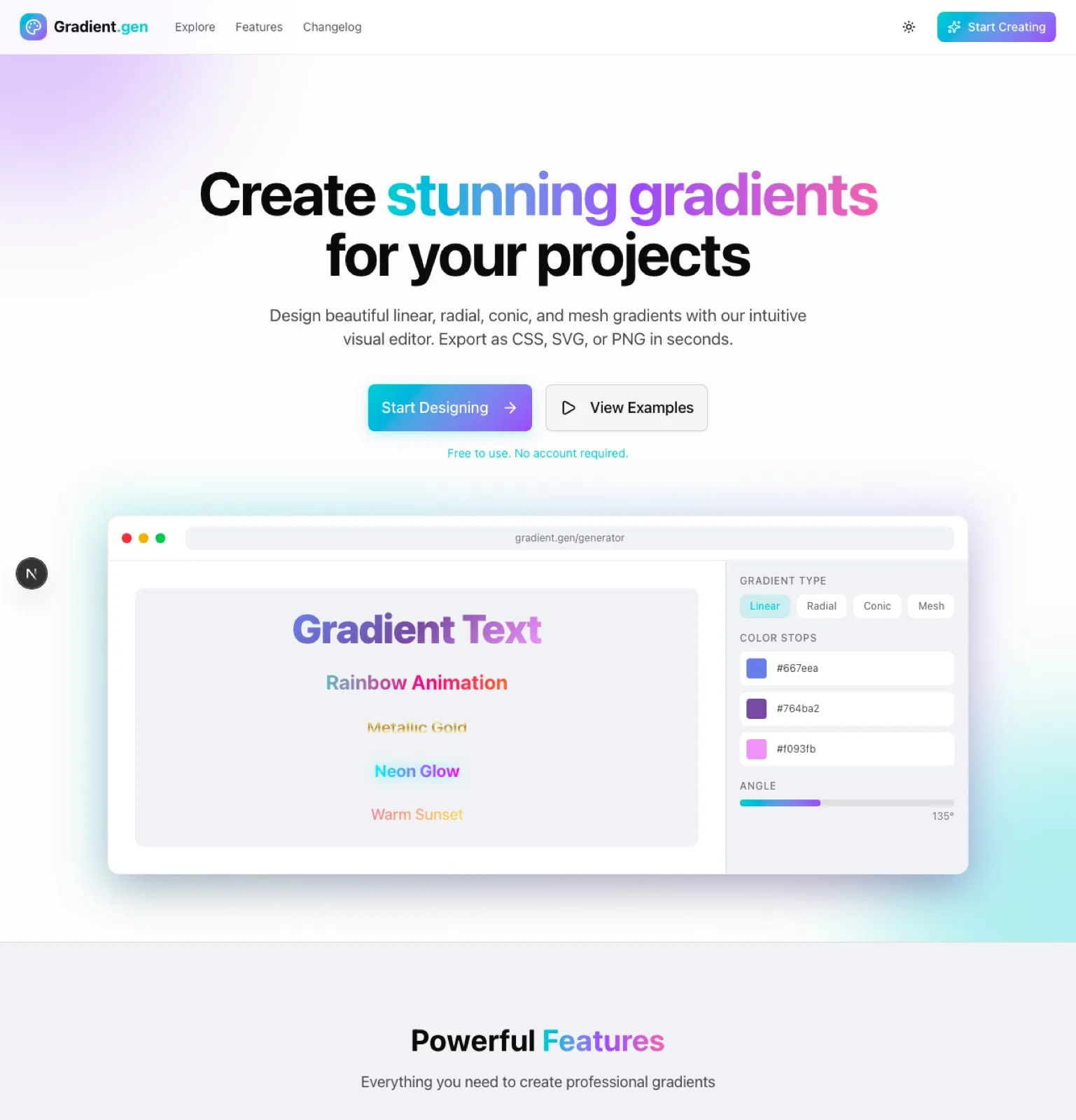 Page d'accueil du Gradient Generator avec la bibliotheque de presets