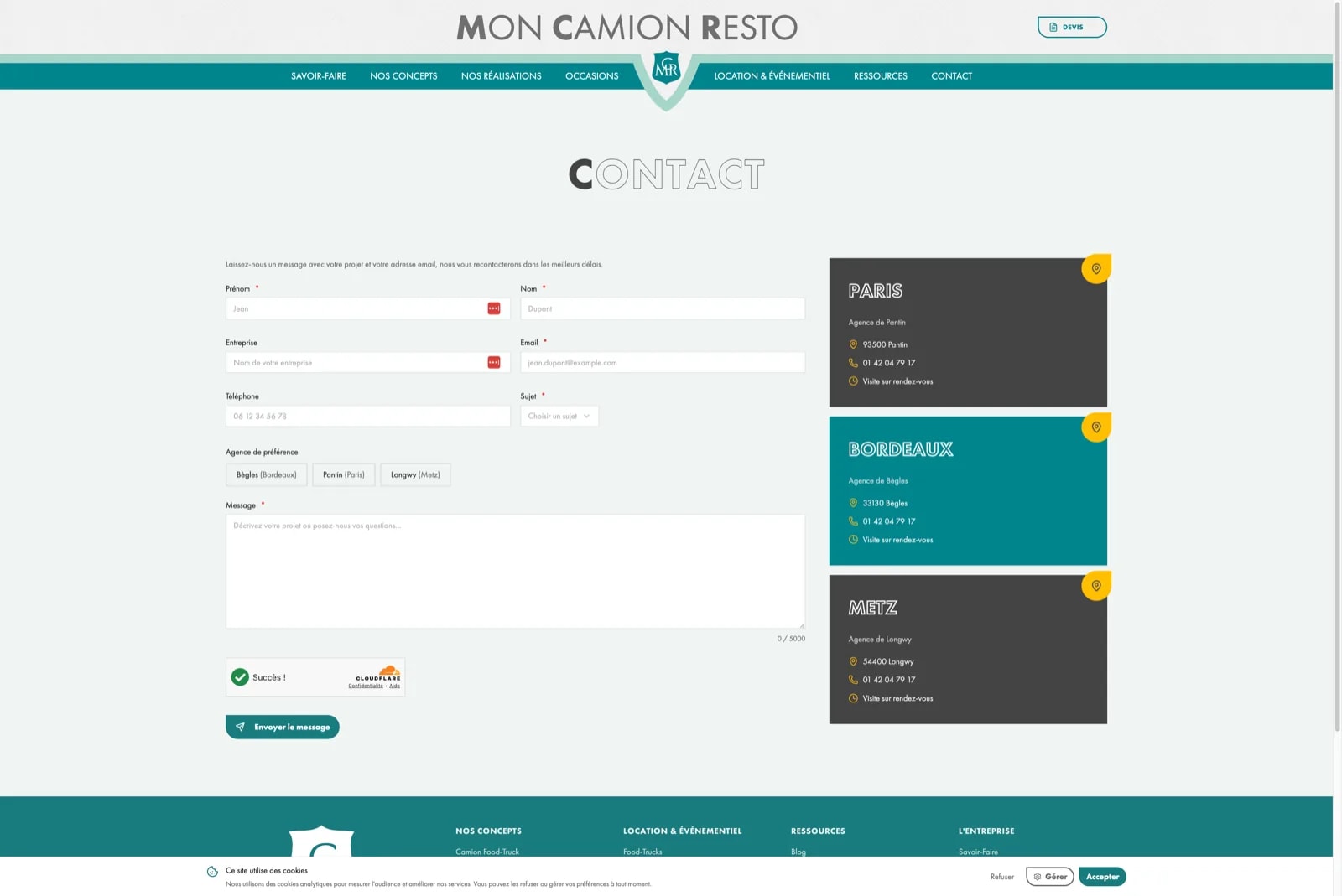 Page contact avec formulaire, agences Paris, Bordeaux et Metz et numeros de telephone
