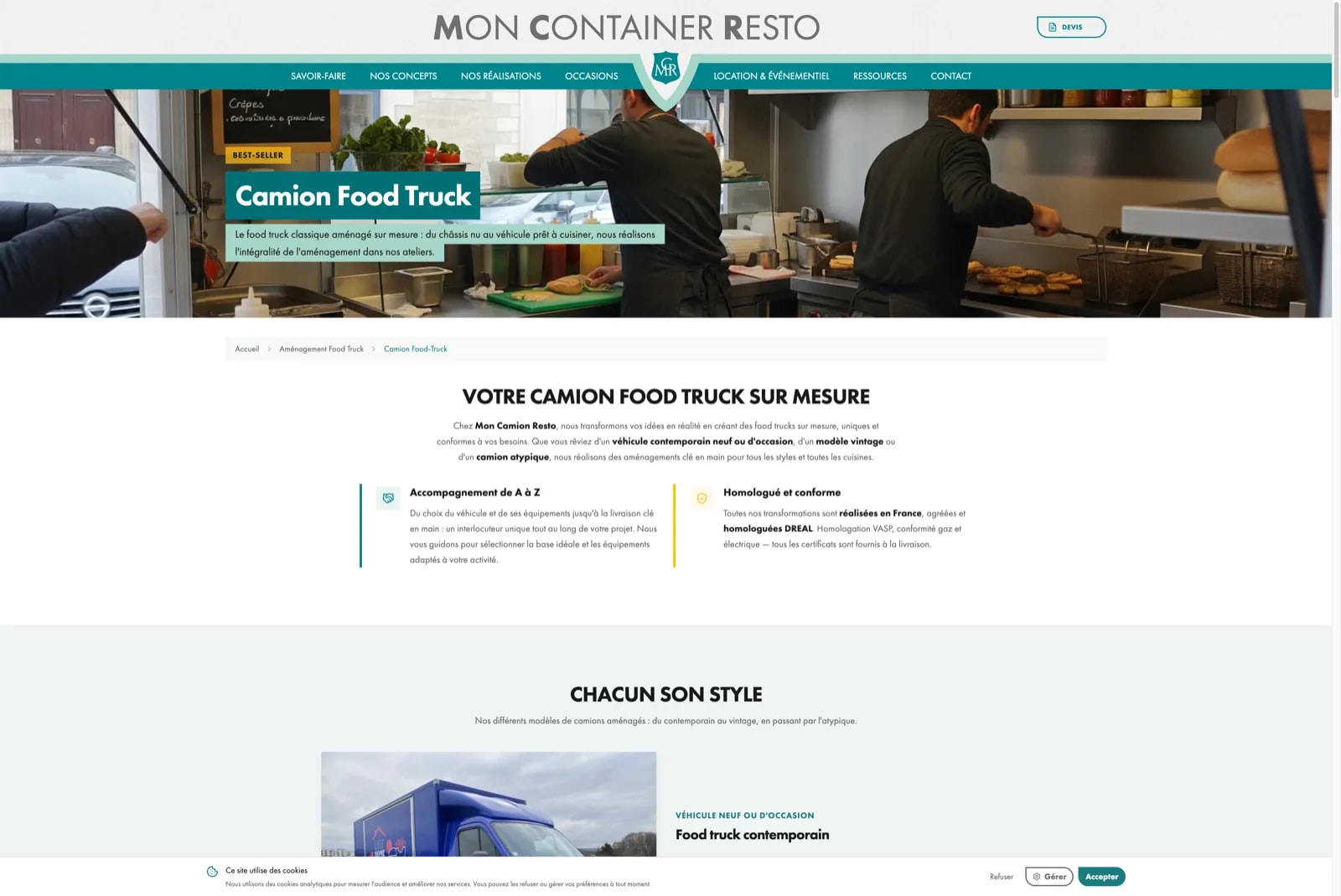 Page d'amenagement food truck montrant la personnalisation sur mesure, conformité aux normes et options de style