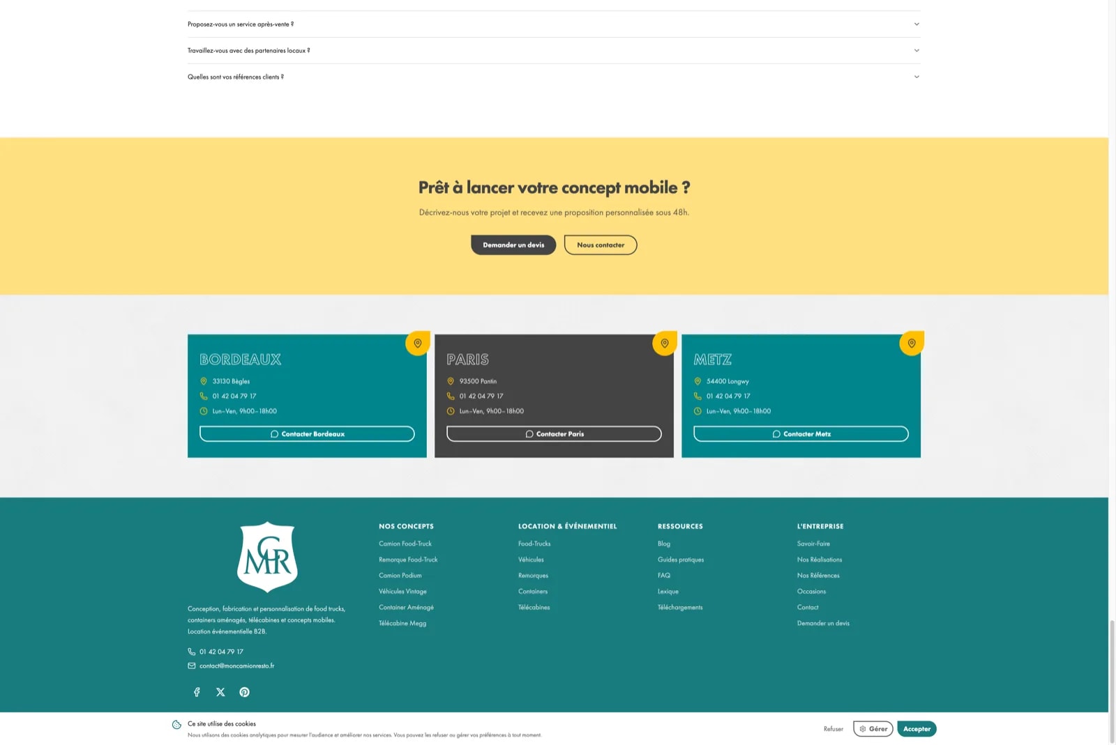 Footer avec appel à l'action pour lancer son concept mobile, demande de devis et cartes contact multi-villes