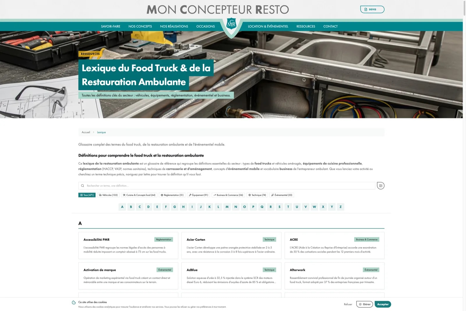 Page lexique et glossaire food truck avec définitions alphabetiques des termes de la restauration ambulante