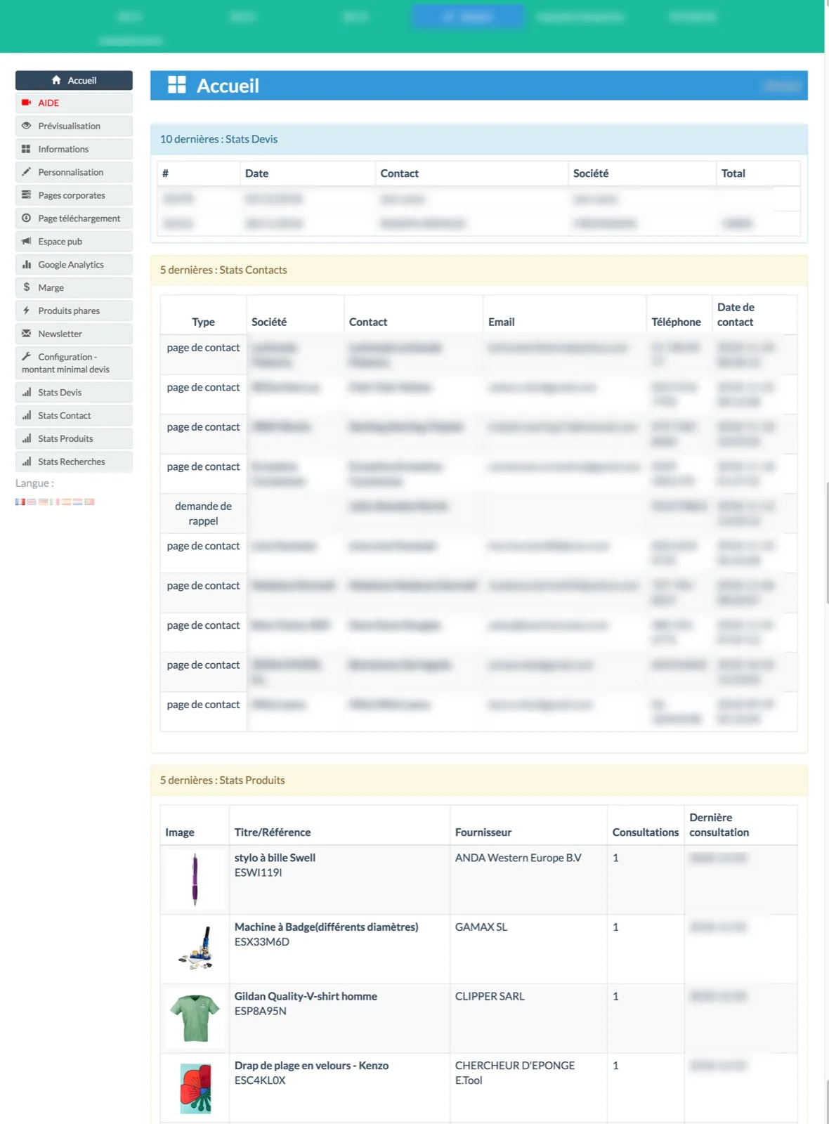 Tableau de bord d'administration MyEasyWeb avec gestion des revendeurs, commandes et statistiques