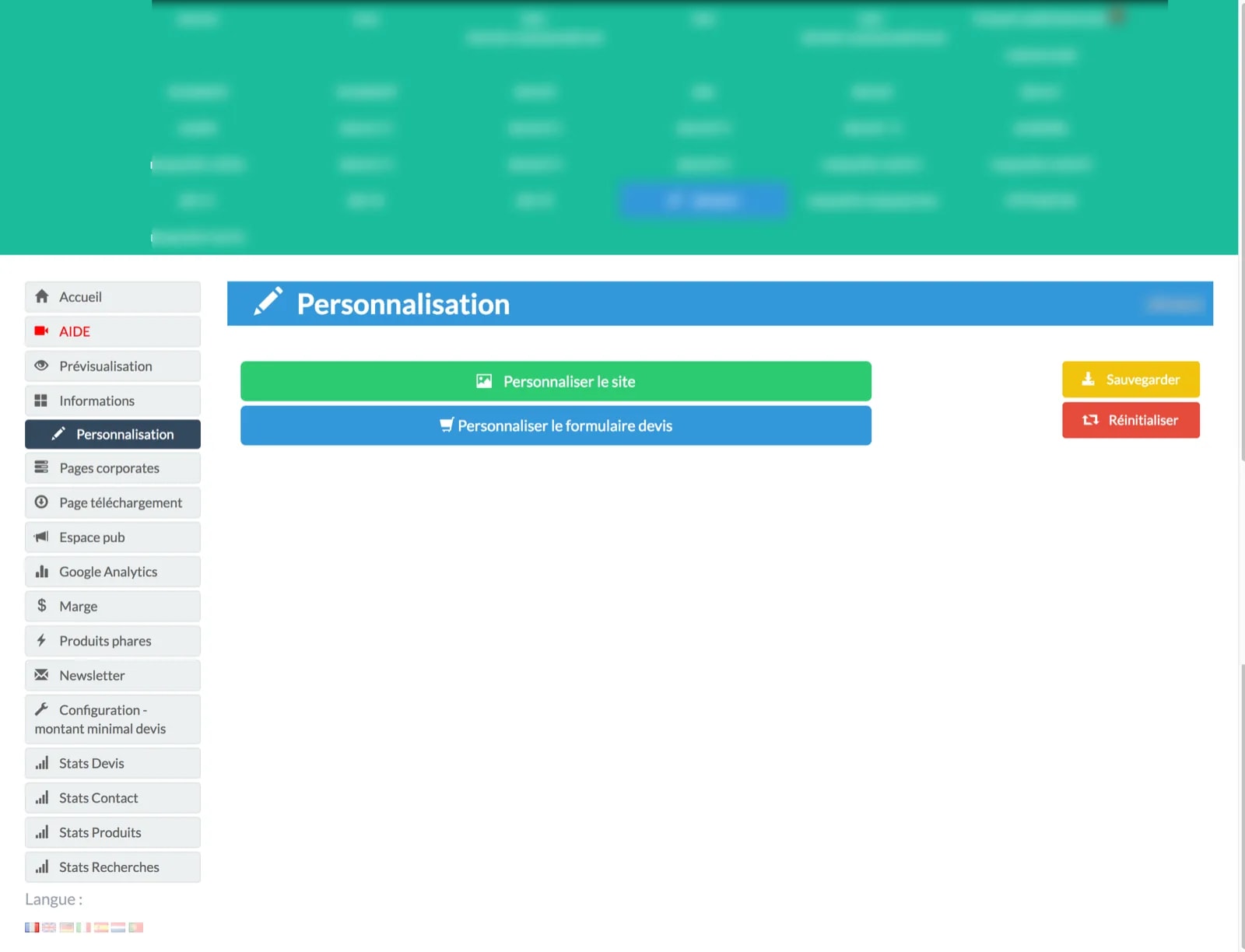 Panneau de personnalisation marque blanche avec parametres de theme, couleurs, logo et polices pour les sites revendeurs