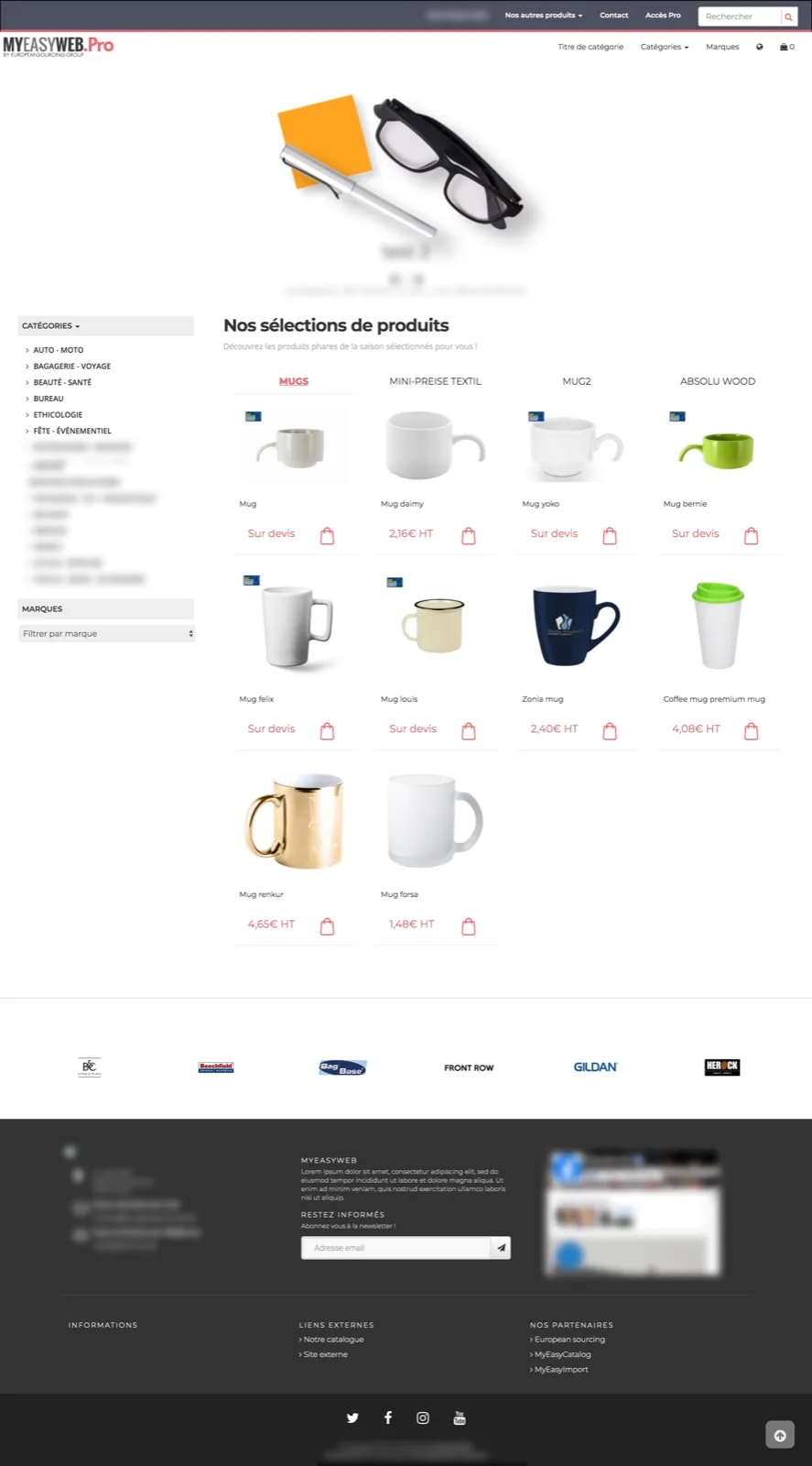 Vitrine catalogue produits avec filtres de recherche, navigation par categorie et listings de produits promotionnels