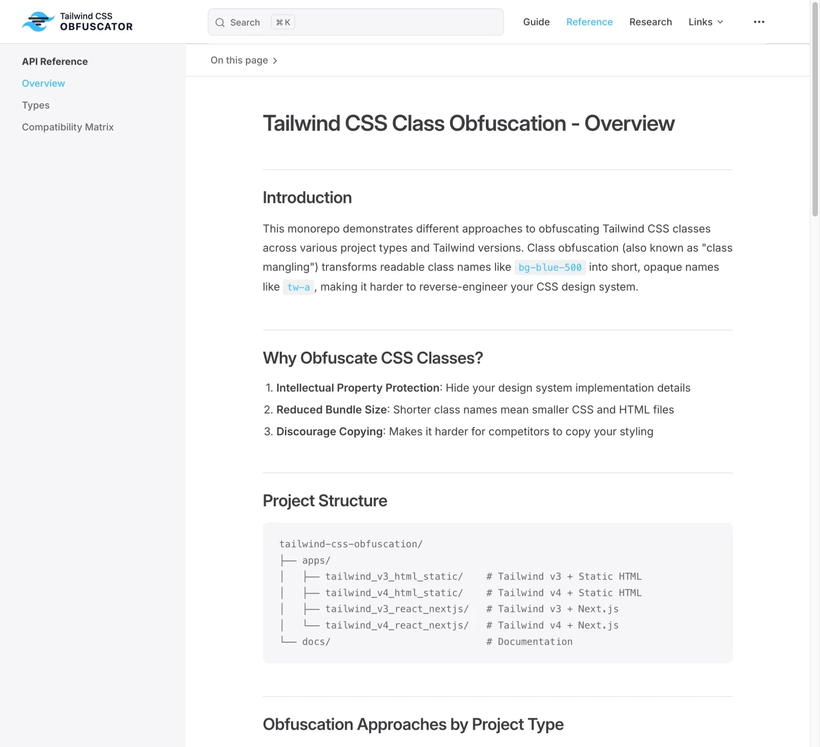 Documentation tailwindcss-obfuscator - Référence API