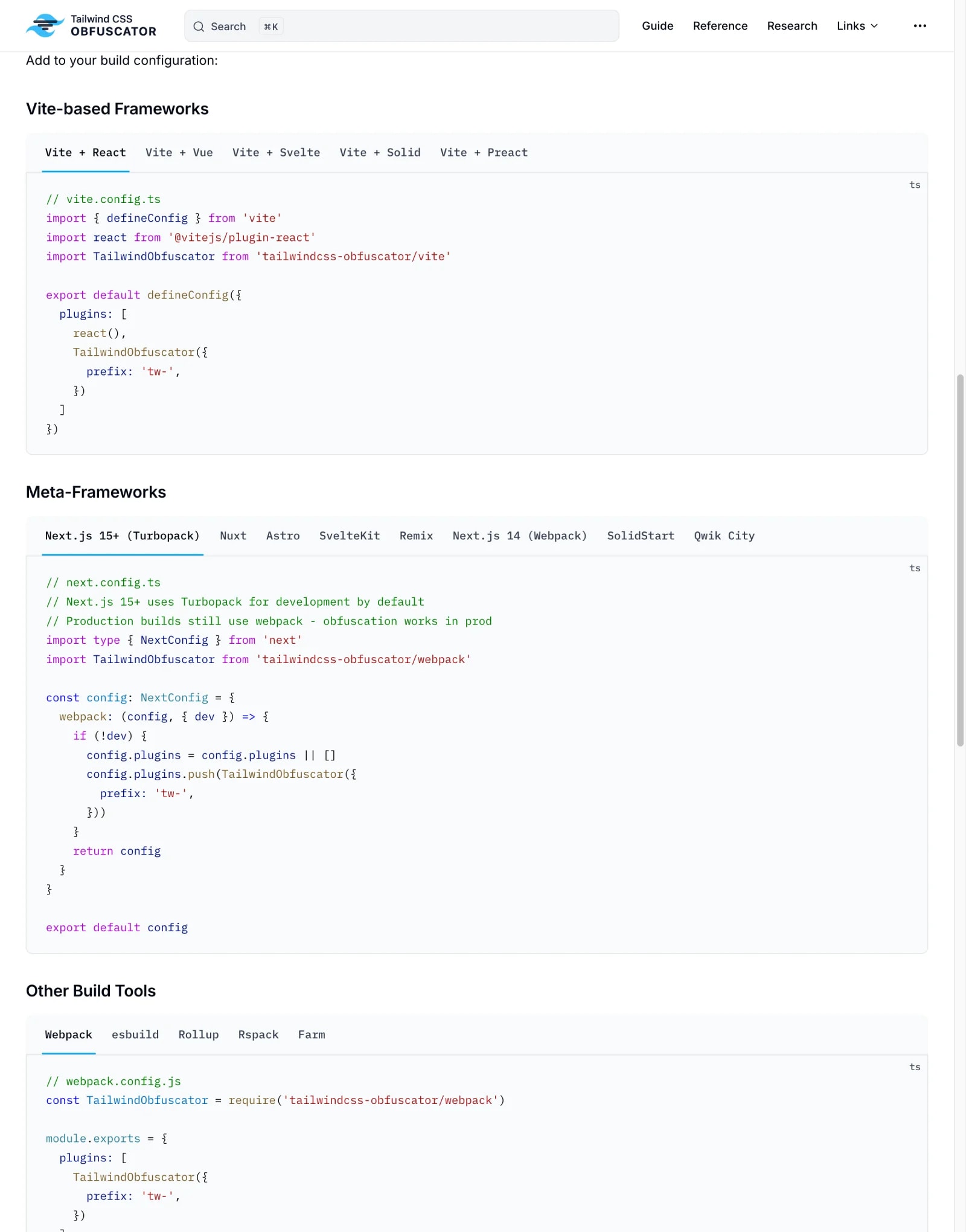 Documentation tailwindcss-obfuscator - Intégration frameworks