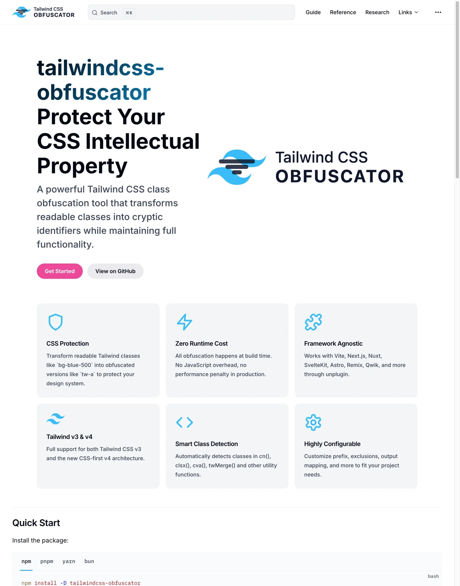 Documentation tailwindcss-obfuscator - Page d'accueil hero