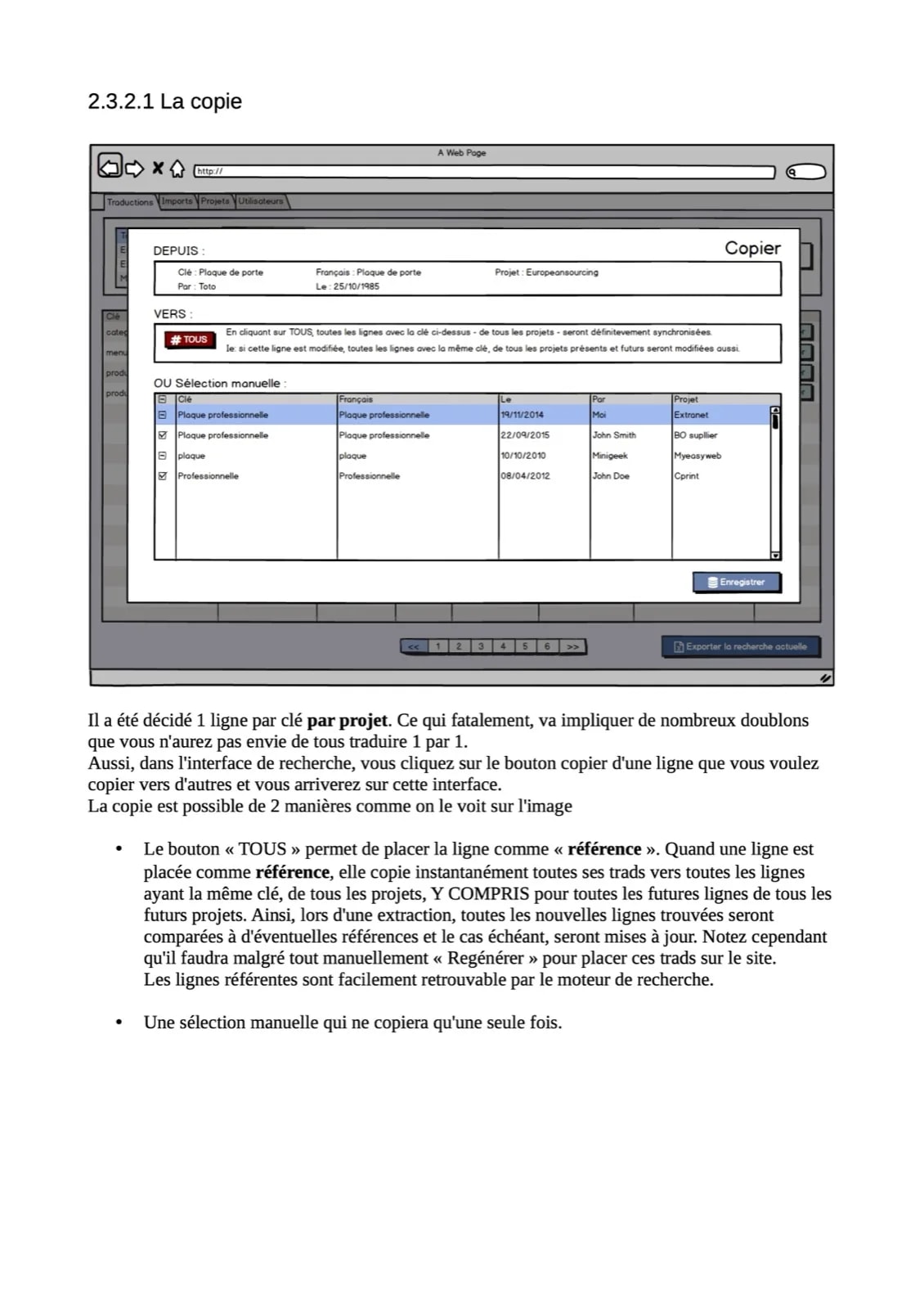 Capture d'écran de la fonctionnalité de copie de référence