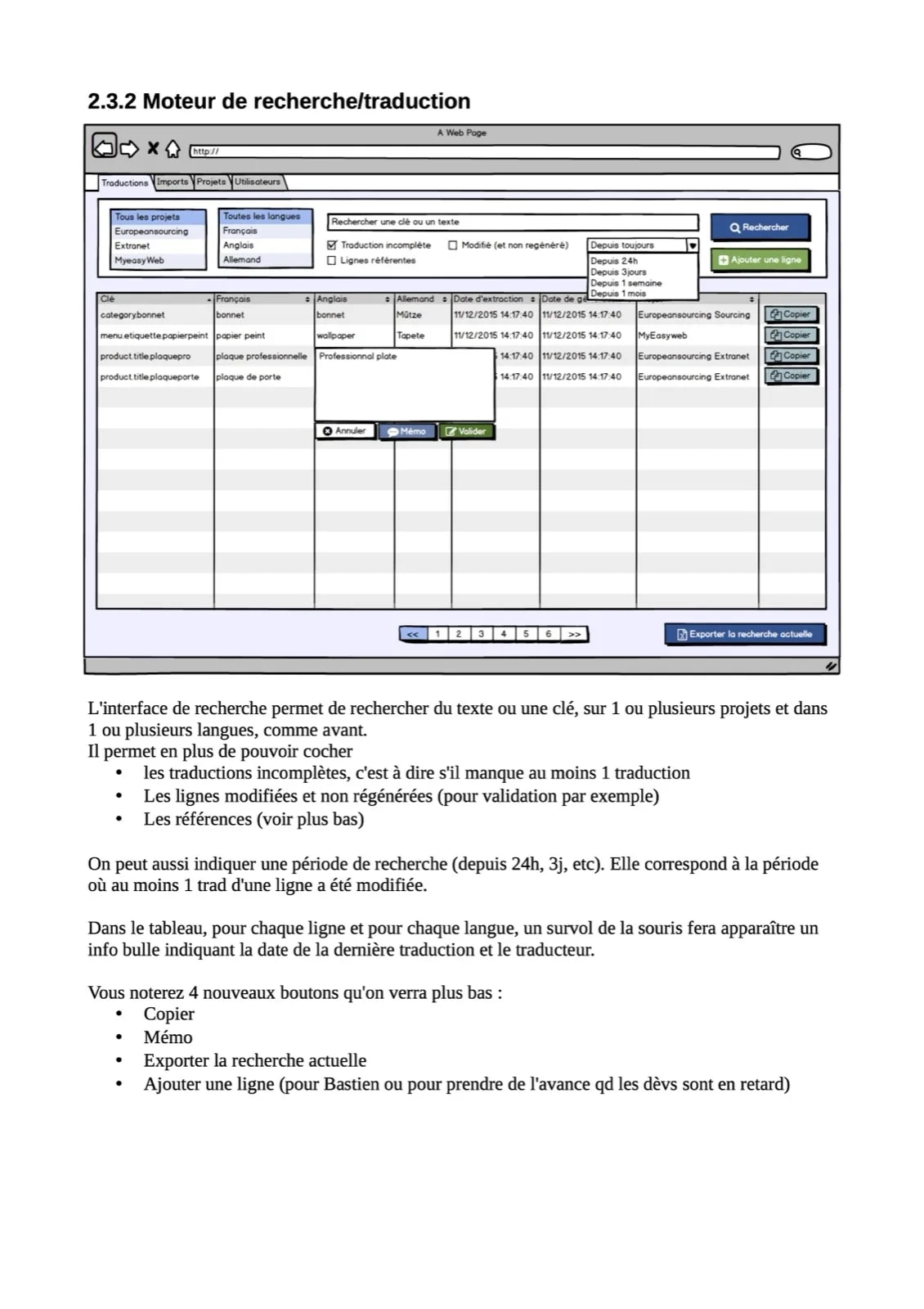 Interface du moteur de recherche de traductions