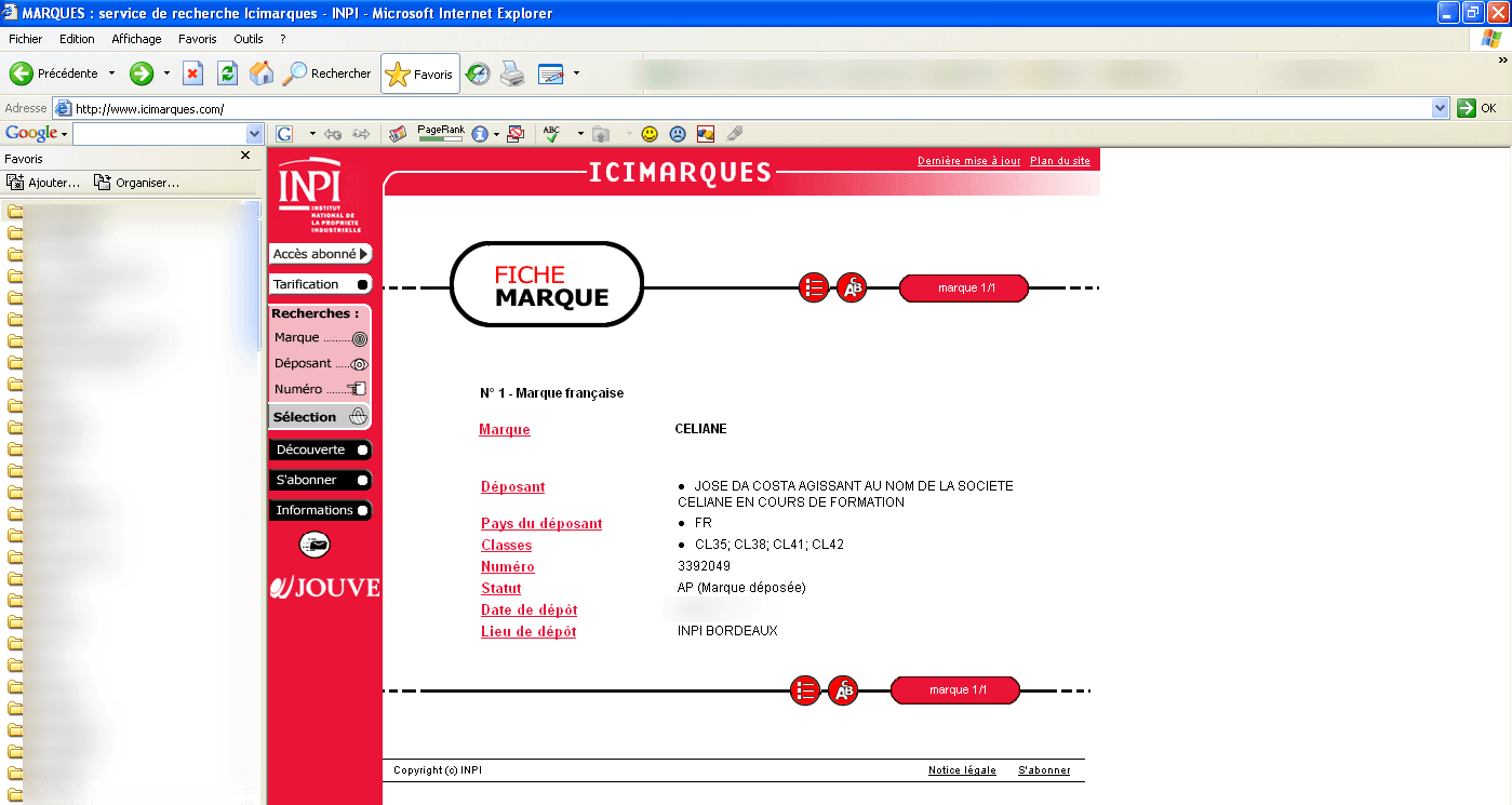 Fiche INPI de la marque Celiane