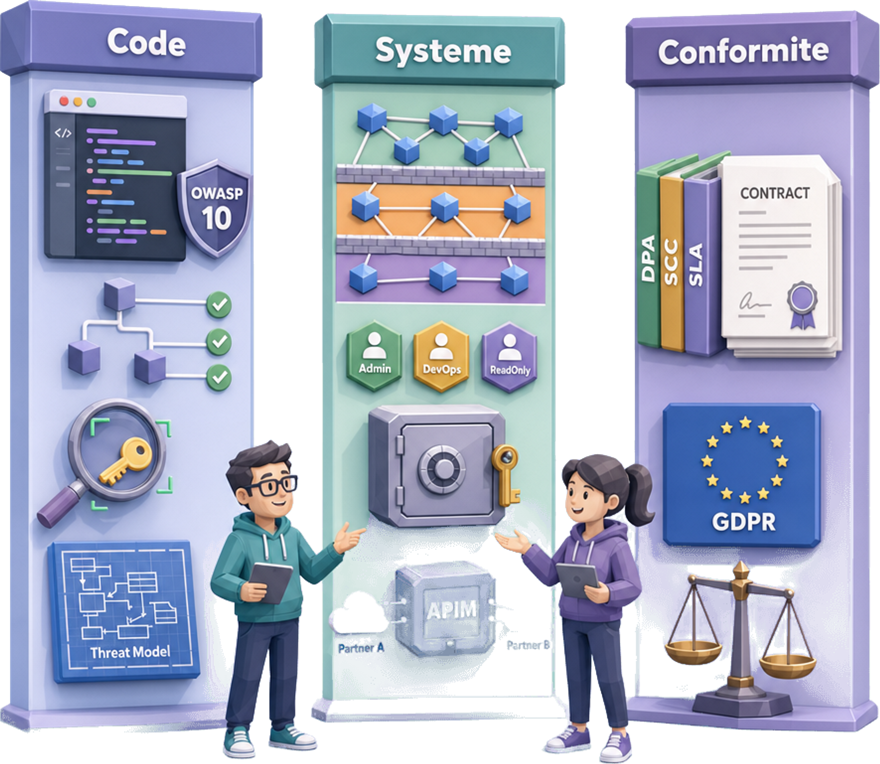 Les trois couches de sécurité applicative et conformité tenues en parallèle : Code (OWASP Top 10, audit dépendances, secret scanning, threat-modeling), Système (segmentation réseau, IAM par rôle, vault credentials, isolation par partenaire via APIM) et Conformité (RGPD, négociation contractuelle directe DPA / SCCs / SLA / réversibilité) — Jose DA COSTA