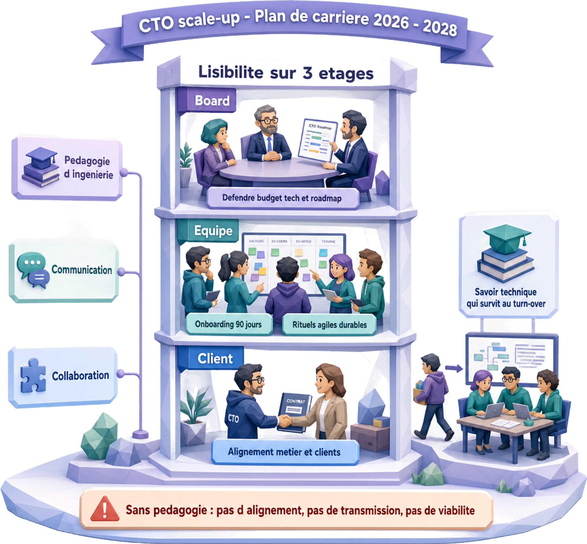 Pédagogie d'ingénierie, communication et collaboration comme socle viable du rôle CTO scale-up dans le plan de carrière 2026-2028 : lisibilité sur trois étages board (défendre budget tech et roadmap), équipe (onboarding 90 jours, rituels agiles durables) et client (alignement métier et clients), savoir technique qui survit au turn-over - sans cette compétence, pas d'alignement, pas de transmission, pas de viabilité — Jose DA COSTA Pédagogie d'ingénierie, communication et collaboration comme socle viable du rôle CTO scale-up dans le plan de carrière 2026-2028 : lisibilité sur trois étages board (défendre budget tech et roadmap), équipe (onboarding 90 jours, rituels agiles durables) et client (alignement métier et clients), savoir technique qui survit au turn-over - sans cette compétence, pas d'alignement, pas de transmission, pas de viabilité — Jose DA COSTA