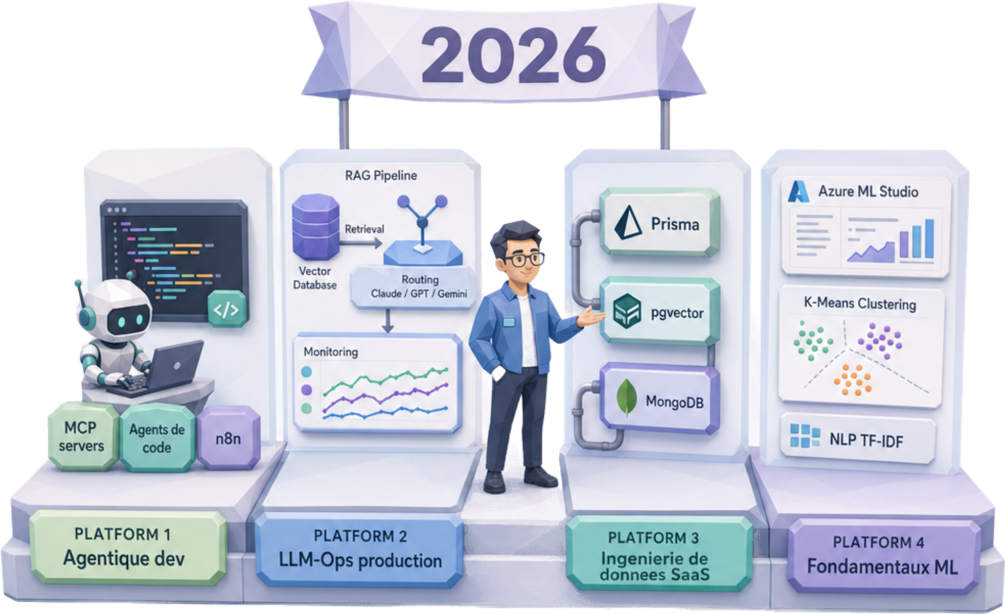 Quatre chantiers parallèles 2026 : agentique dev (MCP, agents de code, n8n), LLM-Ops production (RAG hybride, routing Claude/GPT/Gemini, monitoring), ingénierie de données SaaS (Prisma, pgvector, MongoDB) et fondamentaux ML (Azure ML Studio, k-means, NLP TF-IDF) — Jose DA COSTA