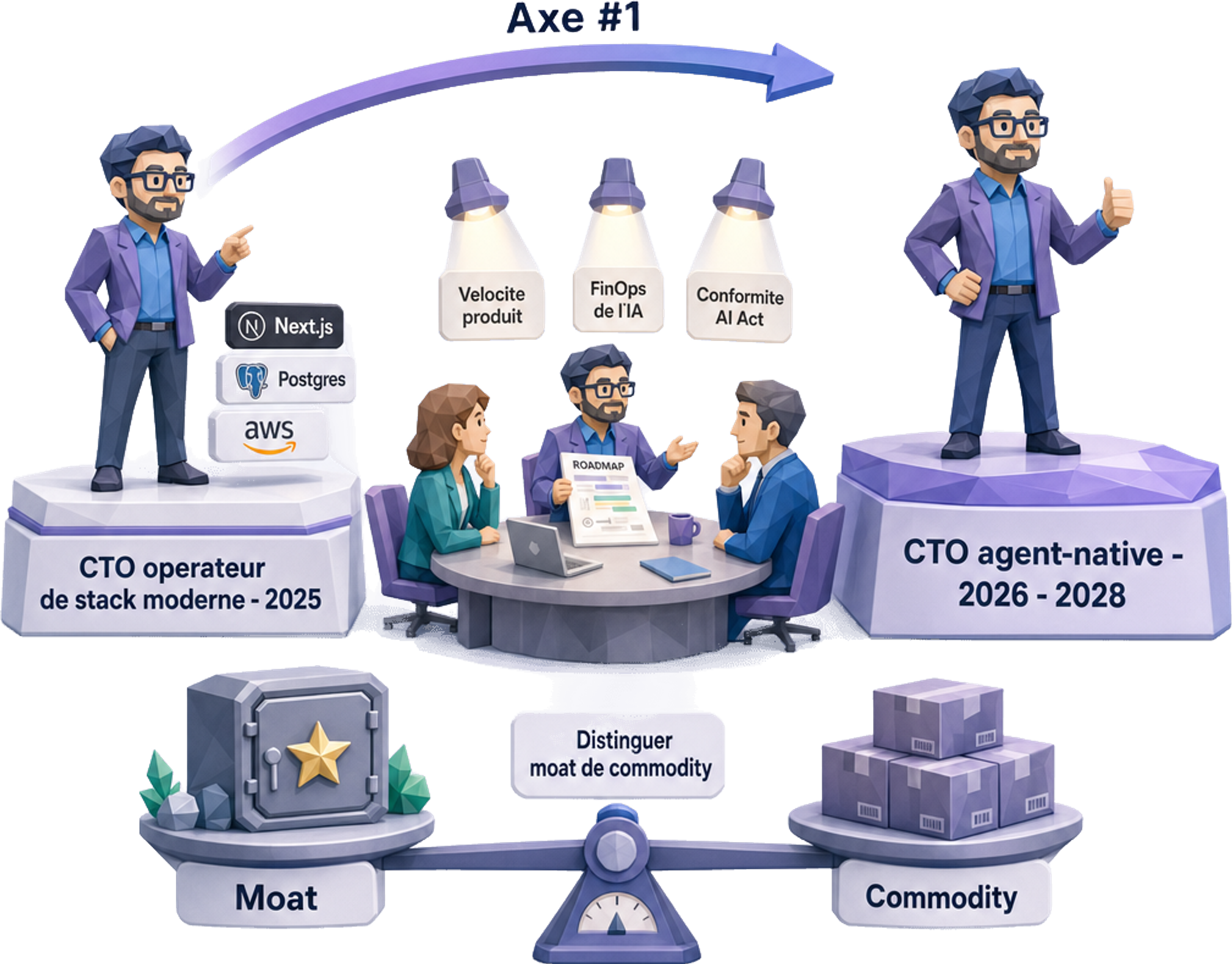 Axe #1 du projet 2026-2028 : passer d'un CTO « opérateur de stack moderne » à un CTO agent-native, défendant une roadmap IA devant un board sur la vélocité produit, le FinOps de l'IA et la conformité AI Act, en distinguant moat de commodity — Jose DA COSTA
