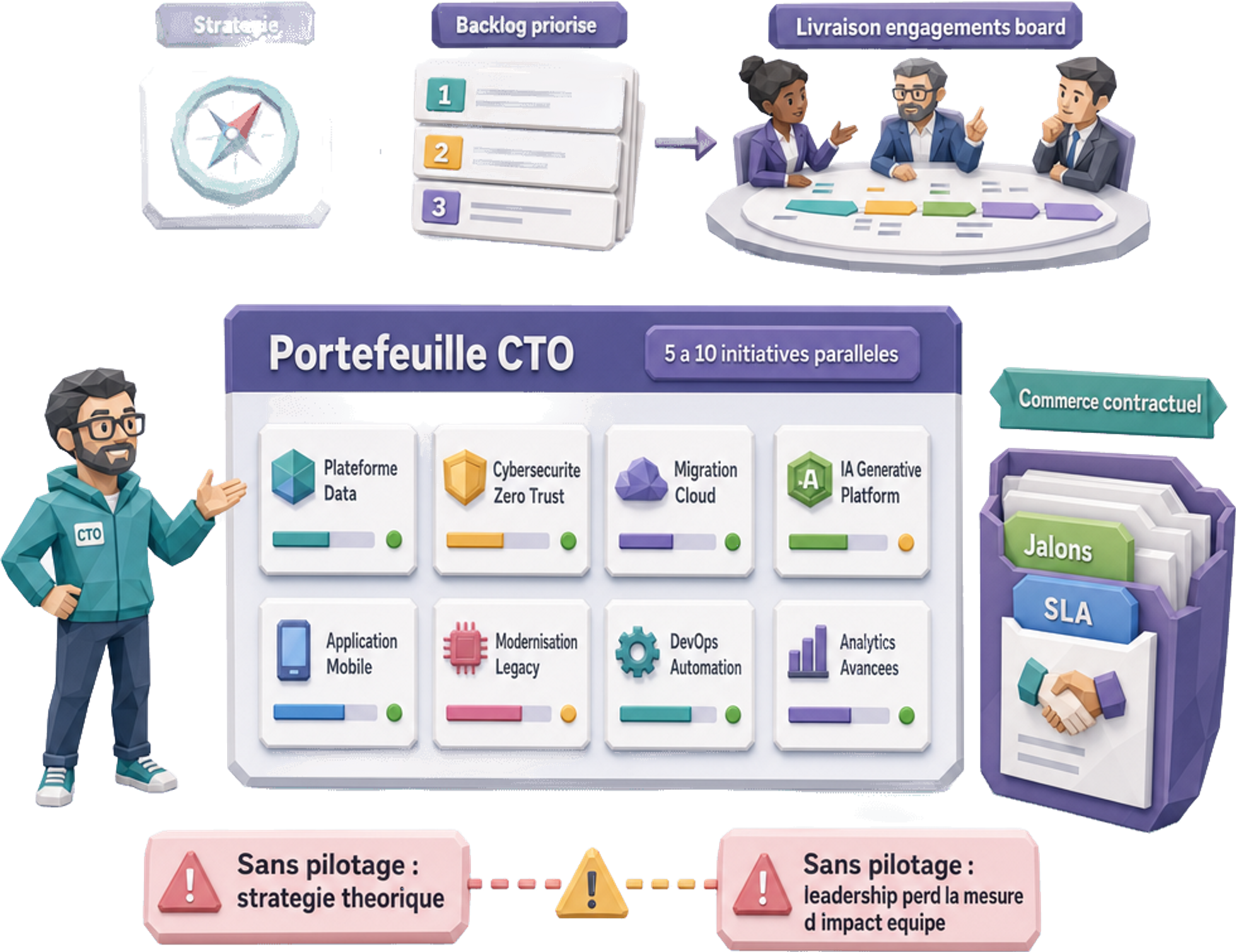 Système d'exploitation portefeuille du prochain rôle CTO : tenir 5 à 10 initiatives parallèles, transformer la stratégie en backlog priorisé livrable au board, et autoriser le commerce contractuel via jalons et SLA - sans pilotage projet, la stratégie reste théorique et le leadership perd la mesure d'impact équipe — Jose DA COSTA